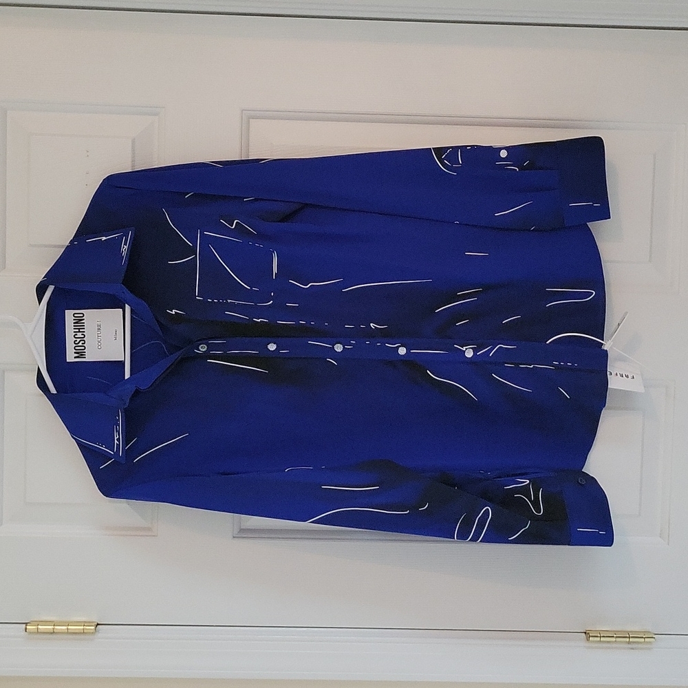 MOSHINO Blouse, Blue, Black & White Size 44 (US 10) NWT